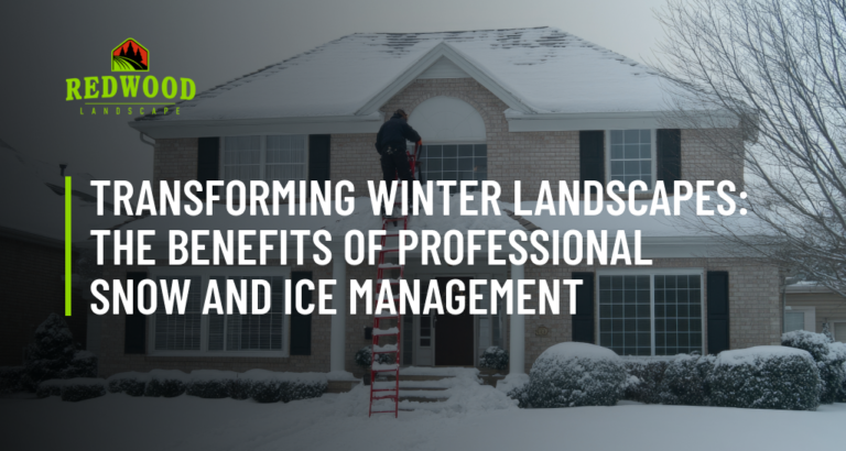 A man on a ladder in front of a house with the words transforming winter landscapes the benefits of professional snow and ice management