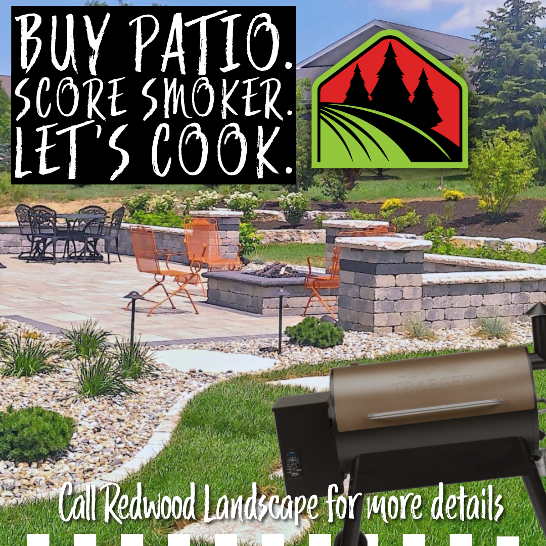 Redwood Landscape patio with built-in firepit and grill, featuring a Traeger wood pellet smoker and premium meat pack giveaway promotion