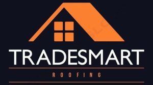 Logo for Tradesmart Roofing: Orange house outline on a dark background with white text.