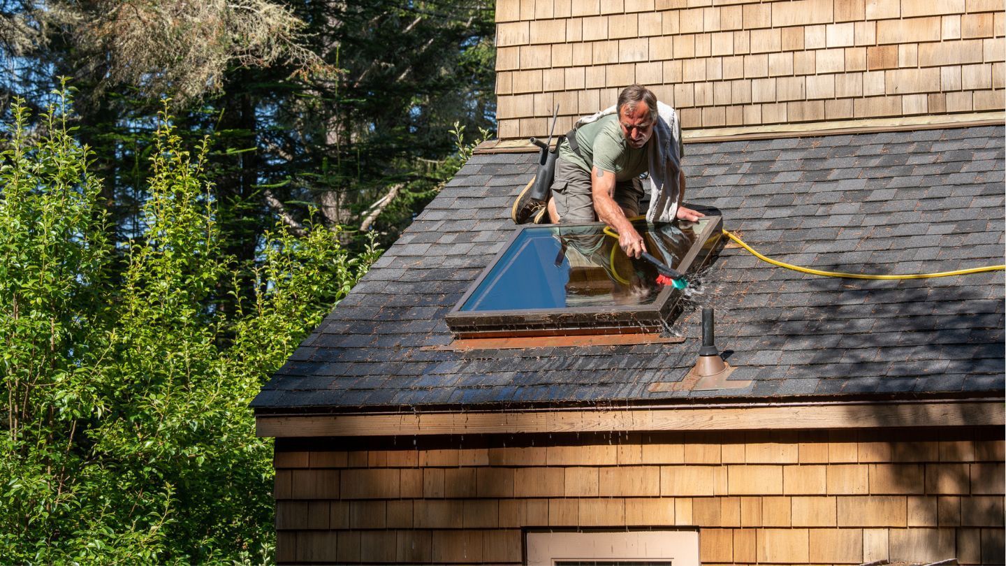 Man on a roof, cleaning a skylight with a hose. Wood shingles are visible.