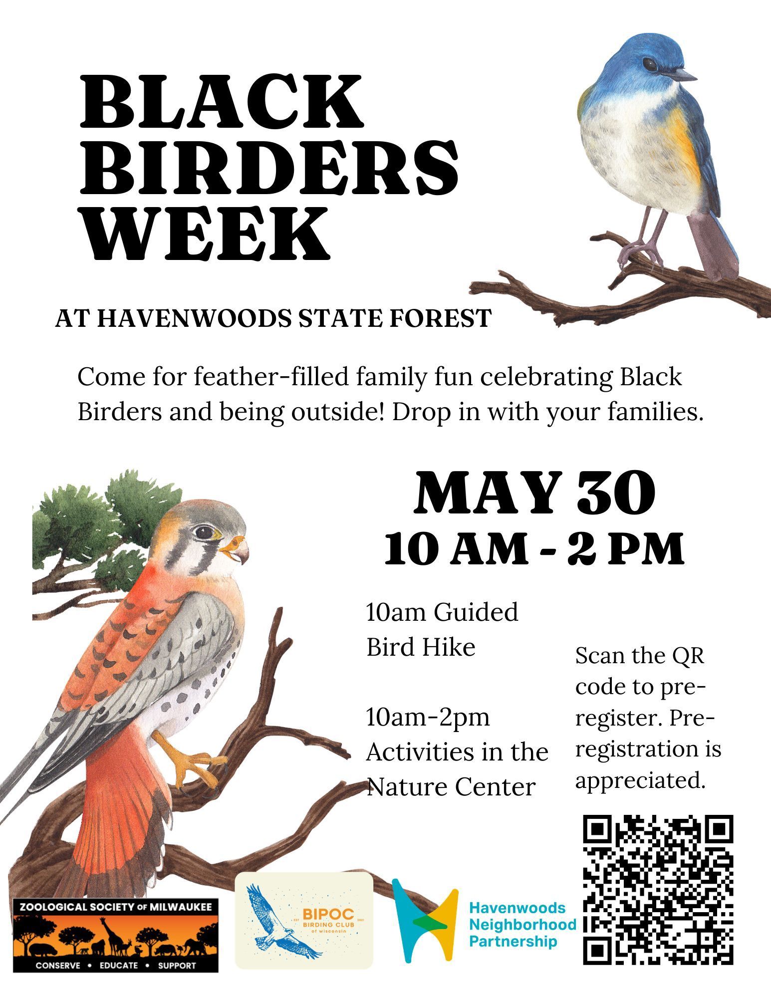 Black Birders Week at Havenwoods State Forest, May 30, 10 AM–2 PM, with birding and family activities.