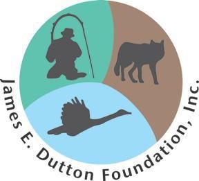 Logo: man fishing, wolf, and flying duck in a circle, James E. Dutton Foundation, Inc.