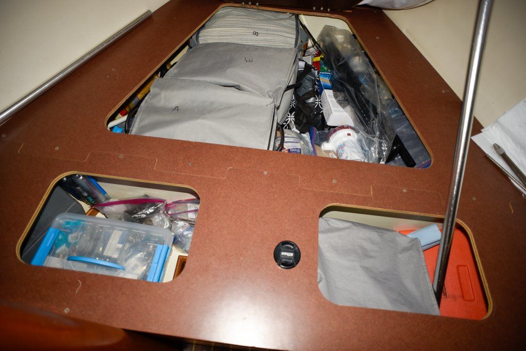 Hunter 44 DS forward cabin under bunk storage