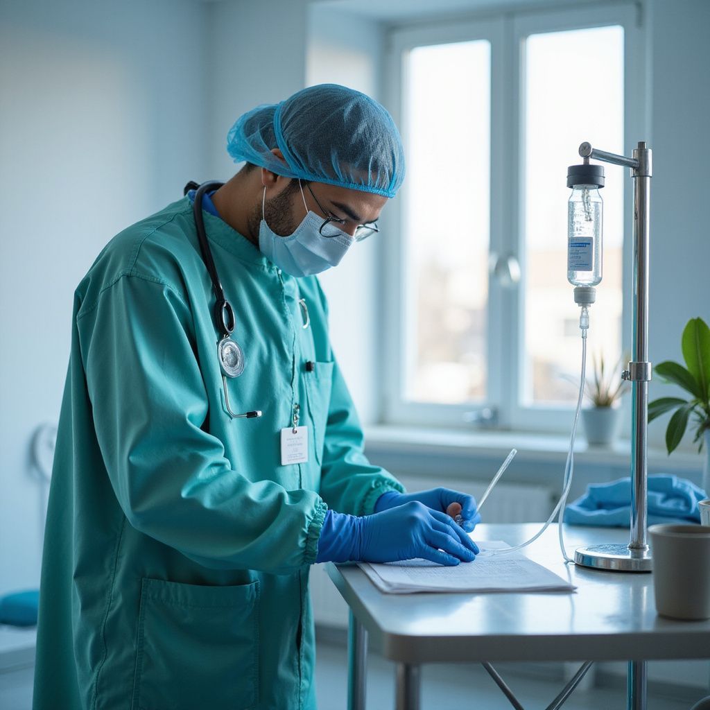 Medical professional in scrubs, mask, and hair cover, writing on a chart in a hospital room with IV drip.