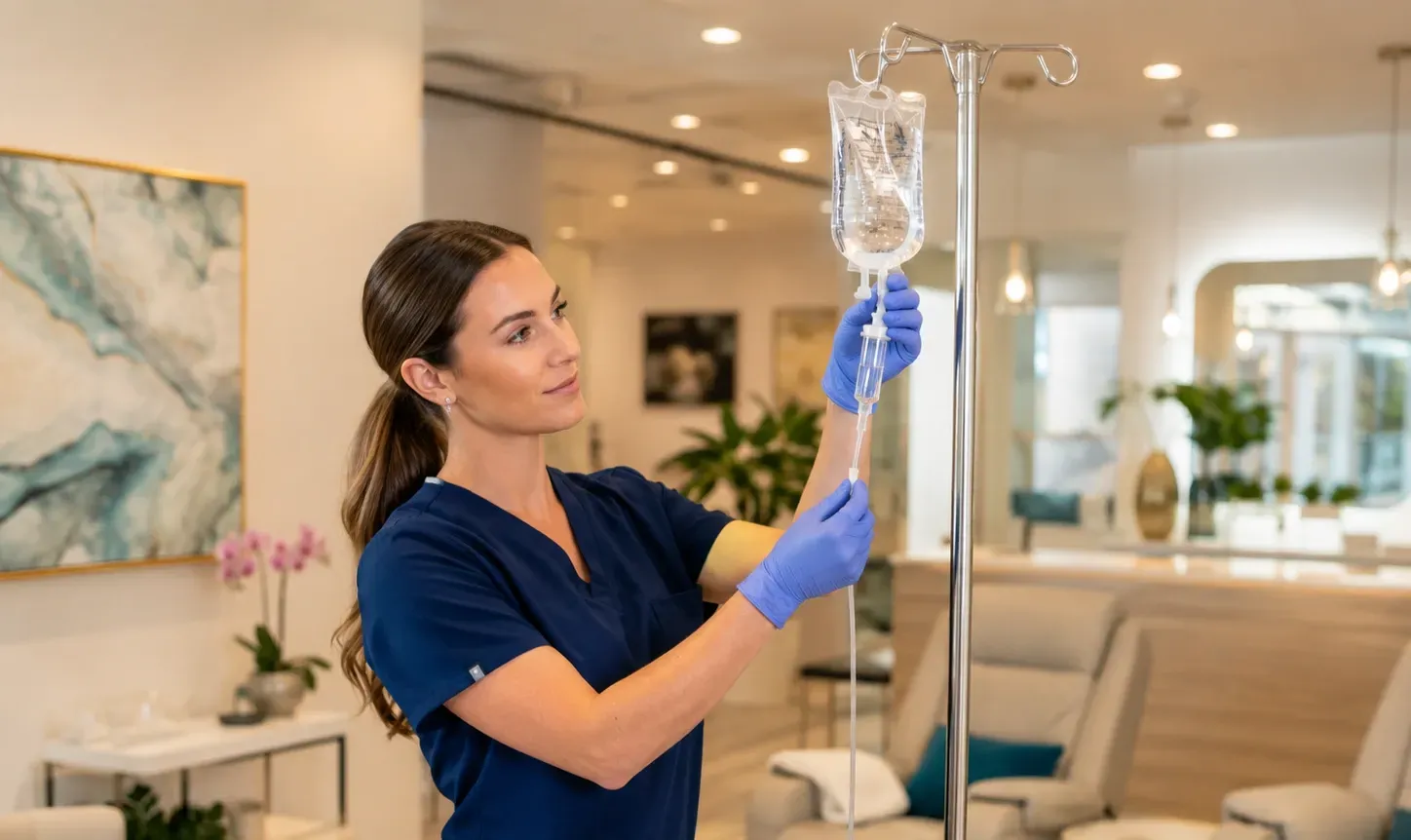 Medical professional checking a Myers' Cocktail IV drip bag in a bright, modern wellness center before infusion therapy.
