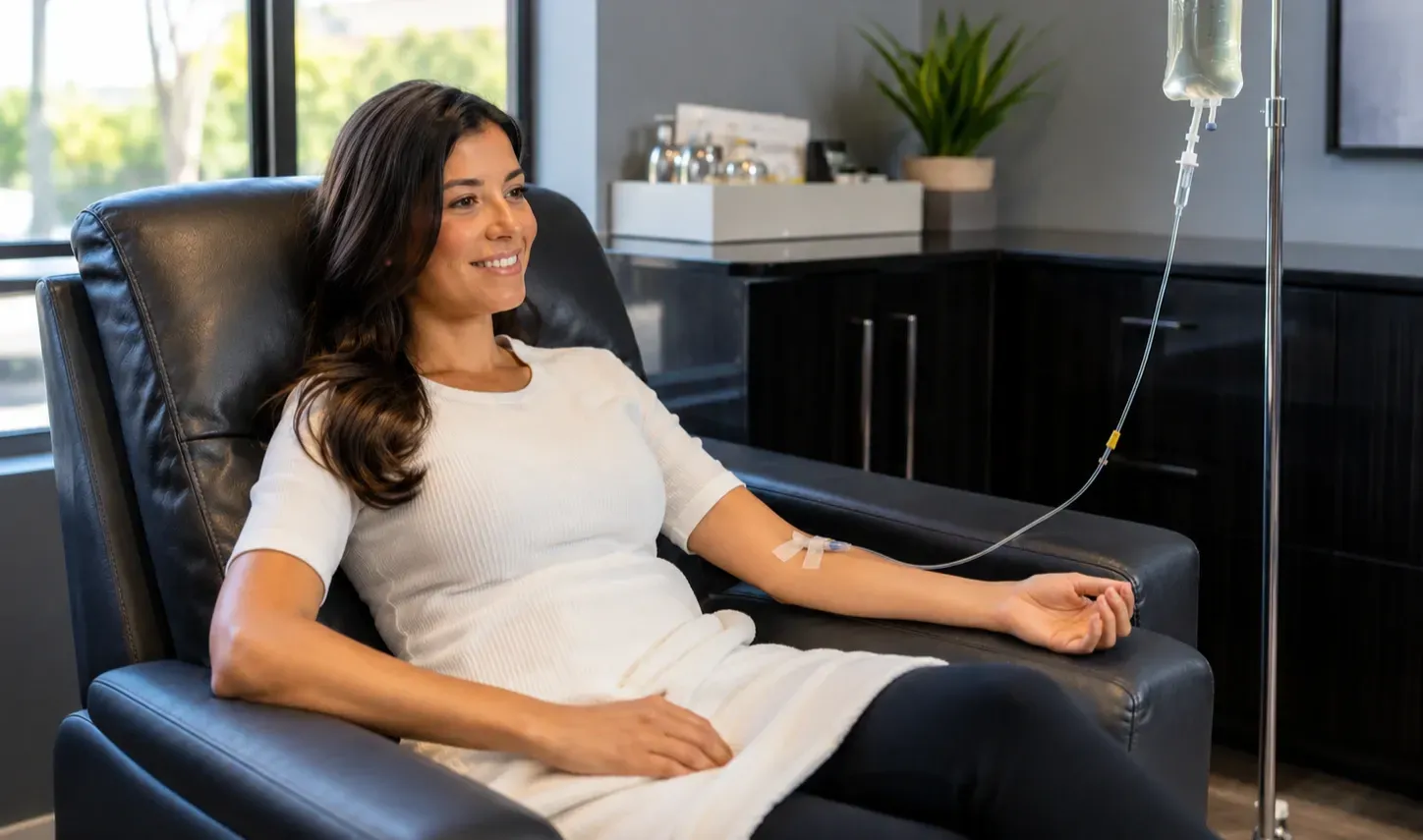 Patient relaxing during a Myers' Cocktail IV therapy session to support hydration, energy, and wellness.