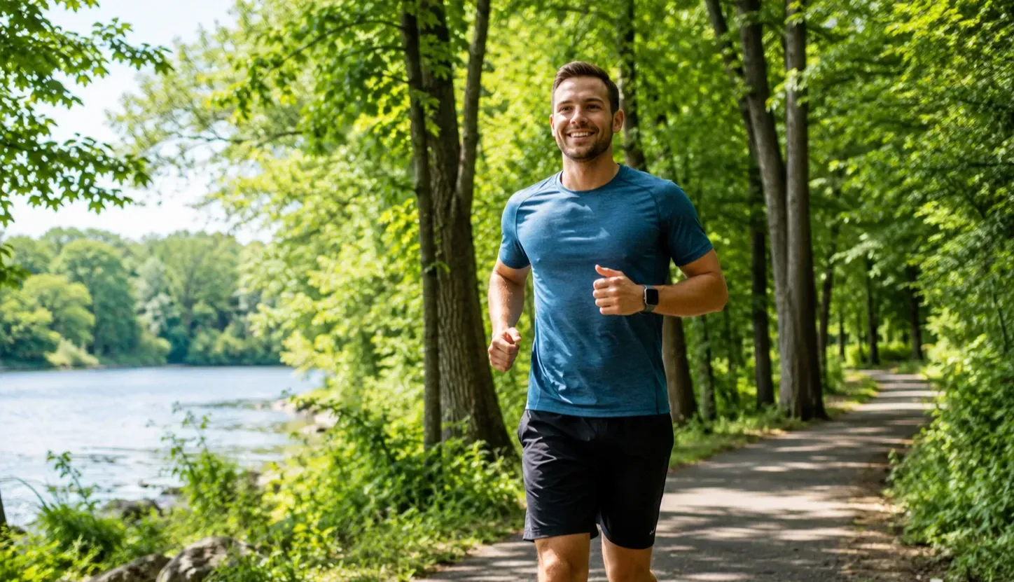 Active adult jogging outdoors, representing Niagen support for cellular energy and healthy aging.
