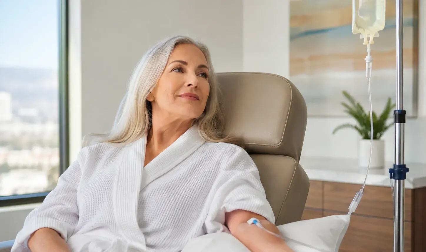 Woman relaxing in a wellness clinic while receiving a Niagen-based IV drip.