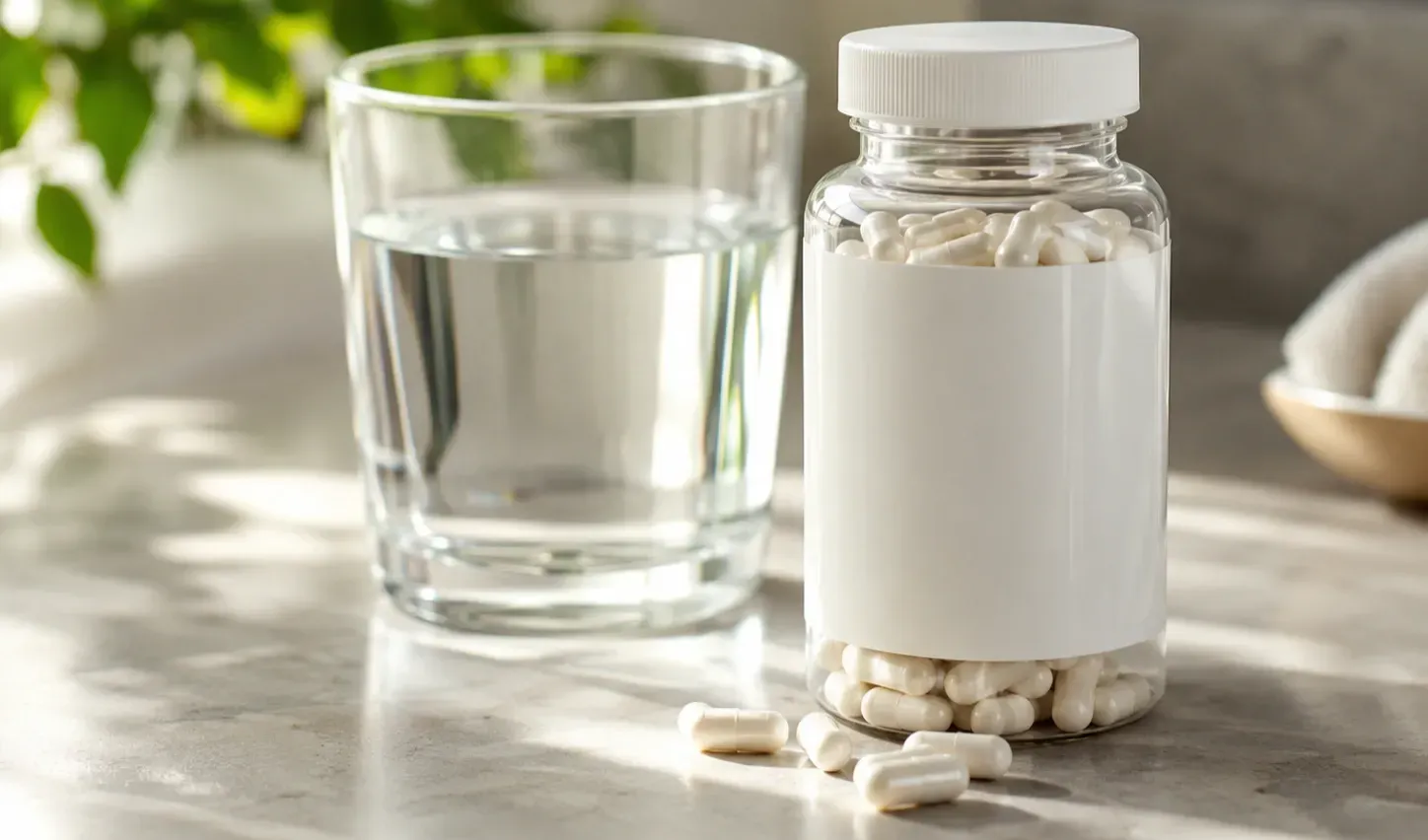 Close-up of a premium Niagen-inspired nutritional supplement bottle beside a clear glass of water on a clean marble surface, illuminated by soft natural light. The minimalist composition highlights healthy daily supplementation, cellular wellness, and hydration with a bright, modern aesthetic.