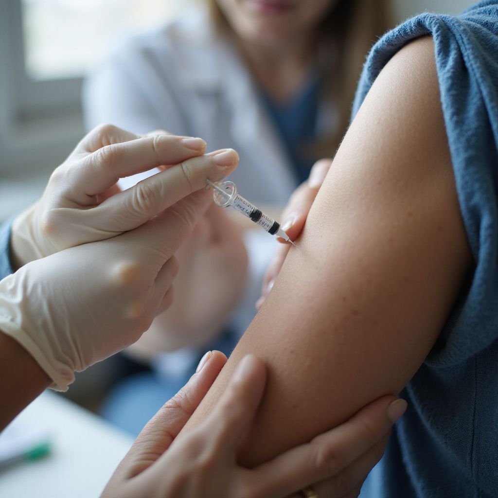 A gloved hand giving a shot in the arm. Another hand supports the arm; a medical worker is in the background.
