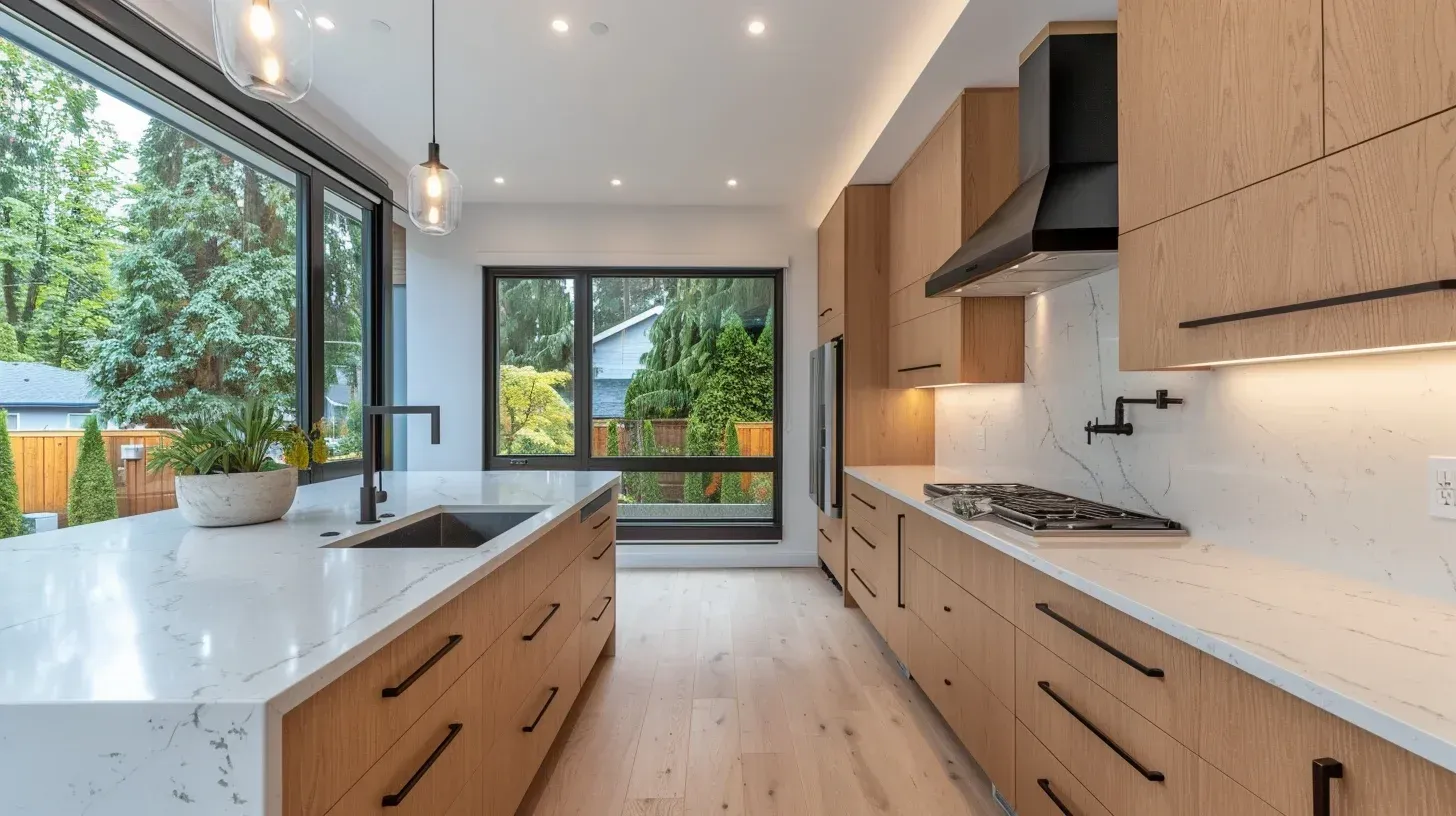 Residential kitchen remodeling Vancouver including granite countertops, backsplash tile design, and complete layout redesign.
Vancouver kitchen renovation experts installing custom cabinetry, quartz island feature, and LED recessed lighting system.
Modern Vancouver kitchen remodel featuring marble countertops, hardwood flooring, and open-concept kitchen expansion.
Professional Vancouver kitchen renovation with granite slab countertops, pantry storage installation, and contemporary lighting upgrades.