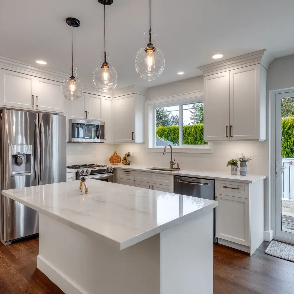 High-end kitchen renovation Vancouver featuring marble waterfall island, custom millwork cabinetry, and contemporary design-build craftsmanship.
Full kitchen remodeling Vancouver BC including demolition, structural beam installation, quartz slab countertops, and hardwood flooring replacement.
Vancouver kitchen renovation displaying granite island extension, tile flooring modernization, and modern cabinetry hardware upgrades.
Luxury Vancouver kitchen remodel highlighting marble backsplash, integrated lighting systems, and premium appliance installation.
Contemporary kitchen renovation Vancouver BC showcasing quartz slab surfaces, shaker cabinets, and professional remodeling expertise.