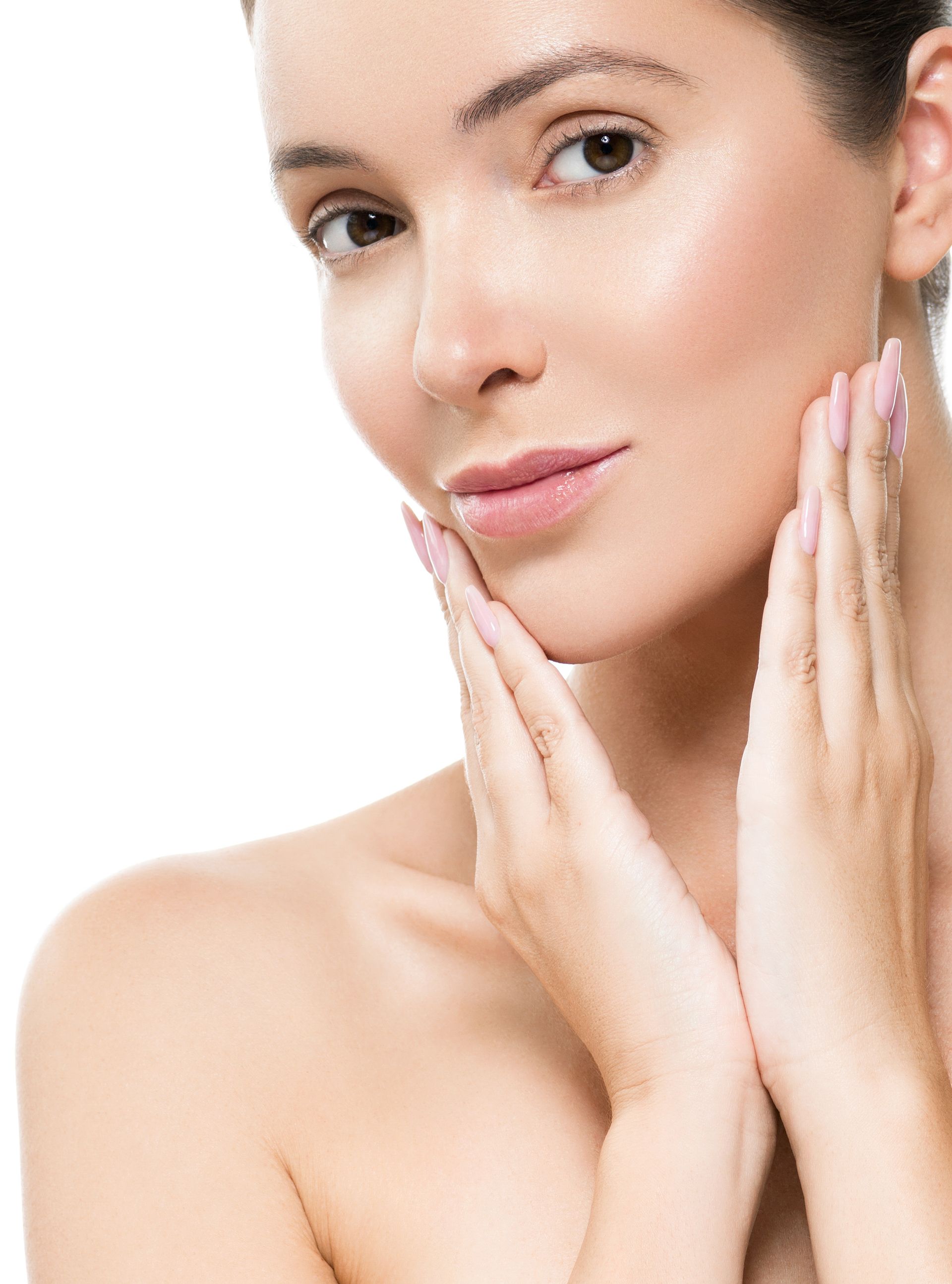 A close up of a woman 's face with her hands on it.