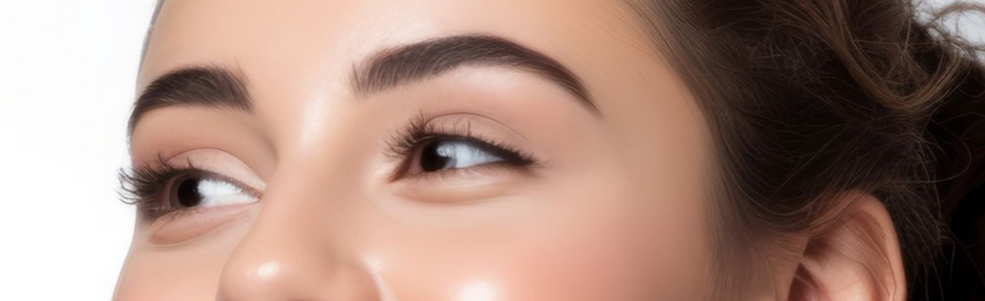 Woman with glowing skin smiles, hand near her face, looking upward.