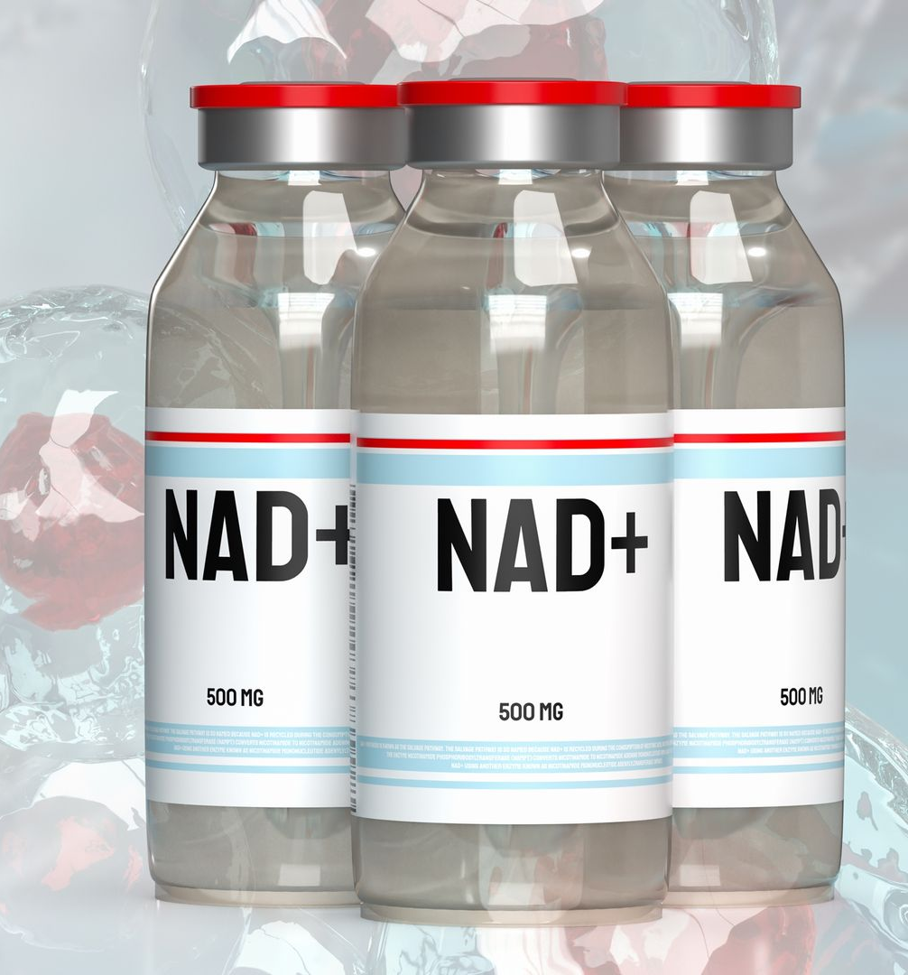 Three vials of NAD+ solution, each with red caps and white labels, 500mg.
