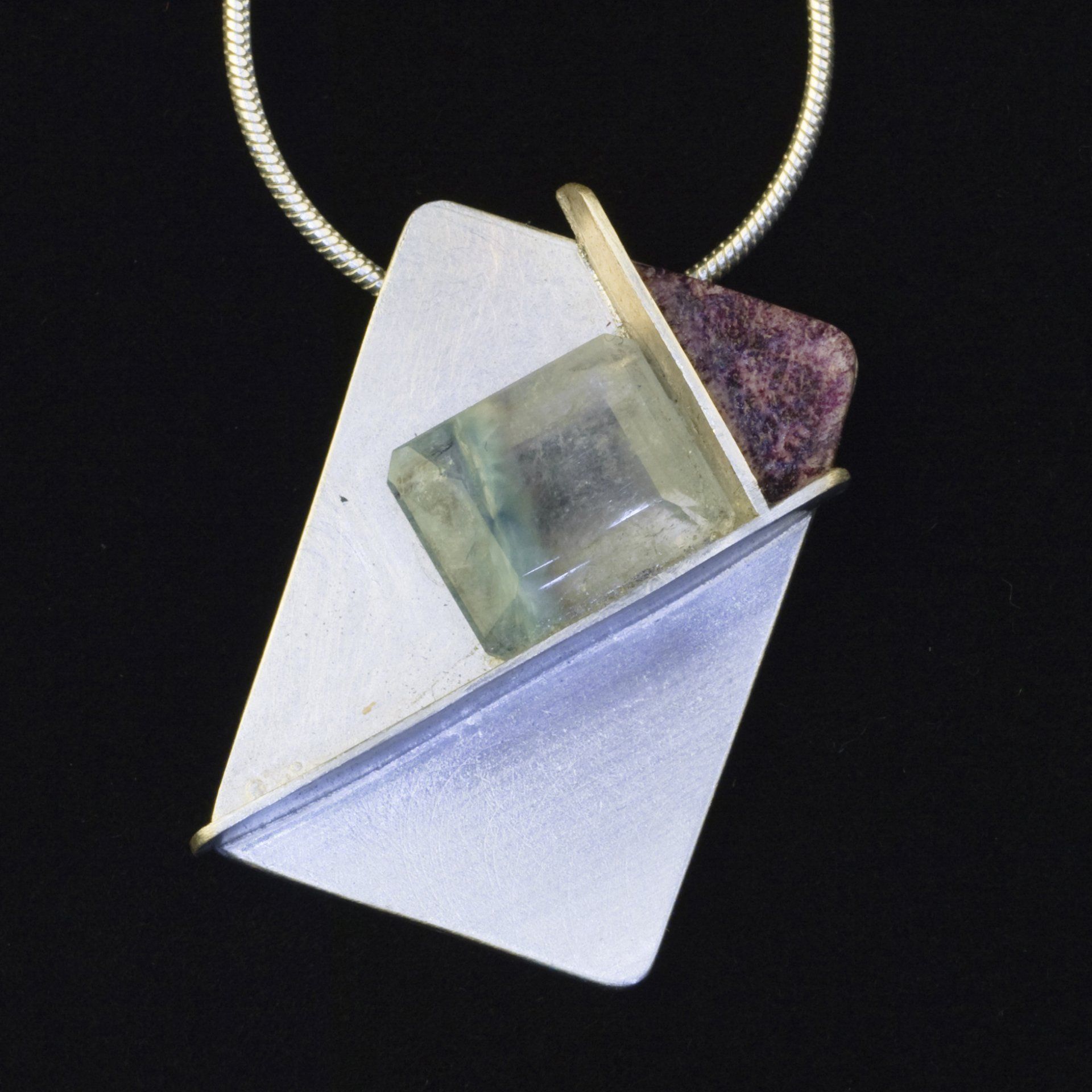 Maps silver, quartz, wood architectural pendant ©Libby Day Design