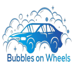 A blue car logo surrounded by white bubbles, with the text "Bubbles on Wheels" below in blue.