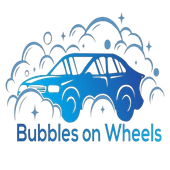 A blue car logo surrounded by white bubbles, with the text "Bubbles on Wheels" below in blue.