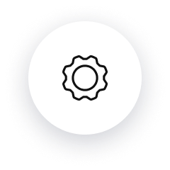 A black and white icon of a gear in a white circle.