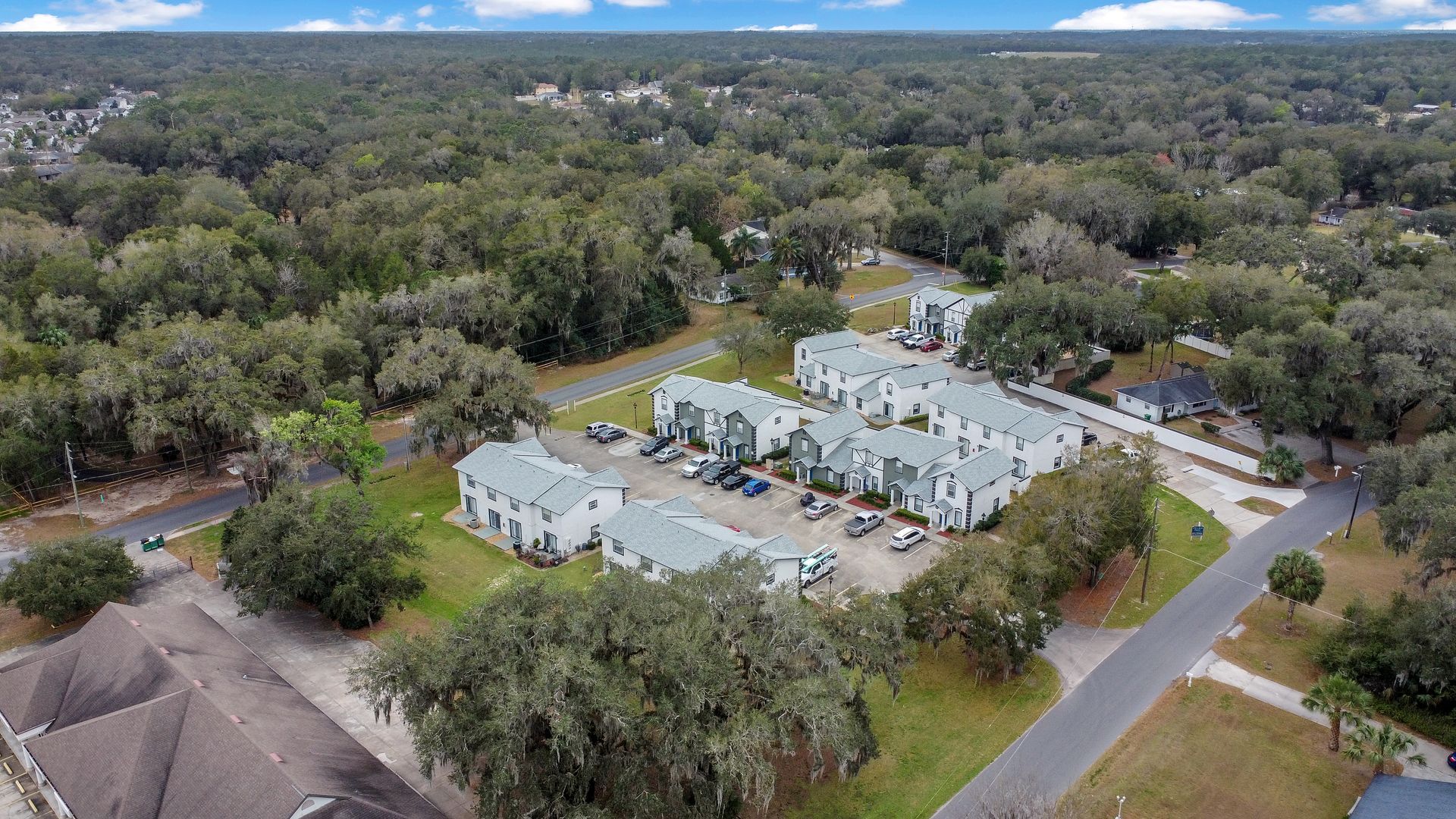 An aerial view of a residential area surrounded by trees and apartment buildings.