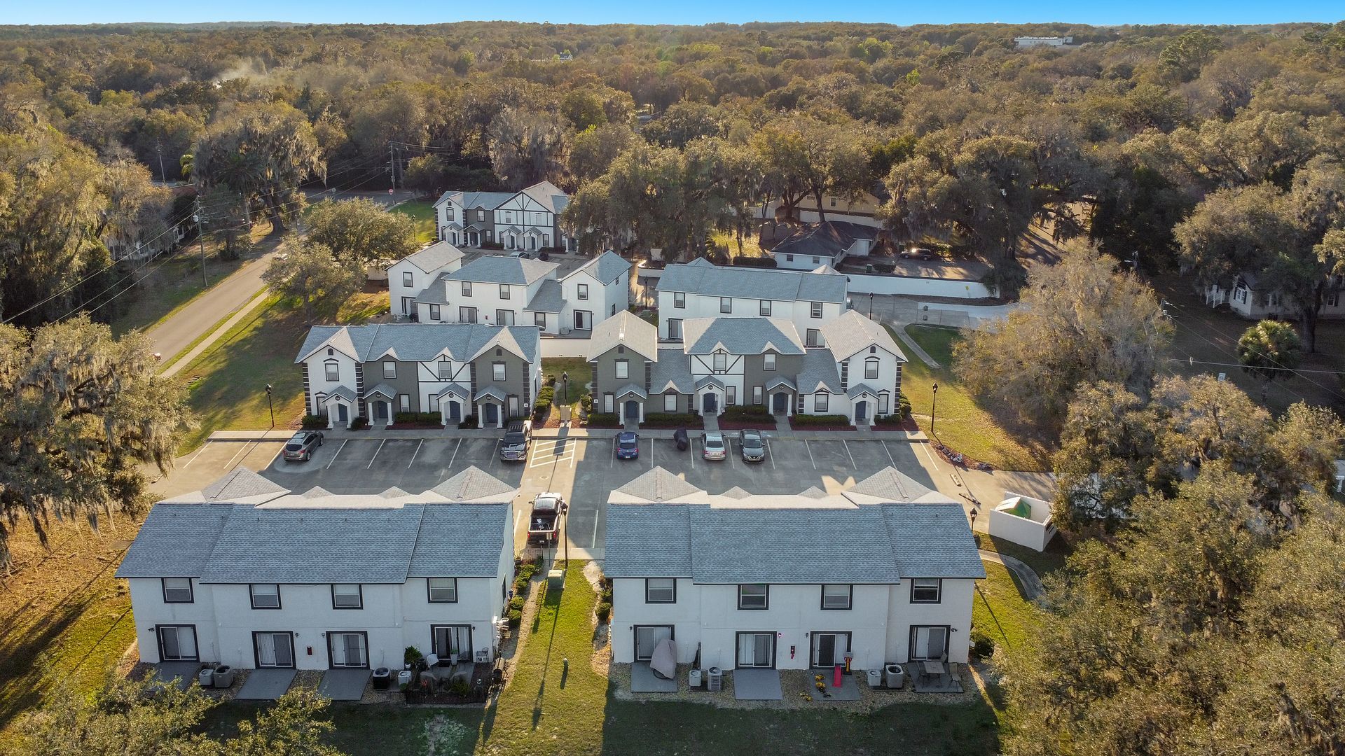 An aerial view of a row of apartments surrounded by trees.