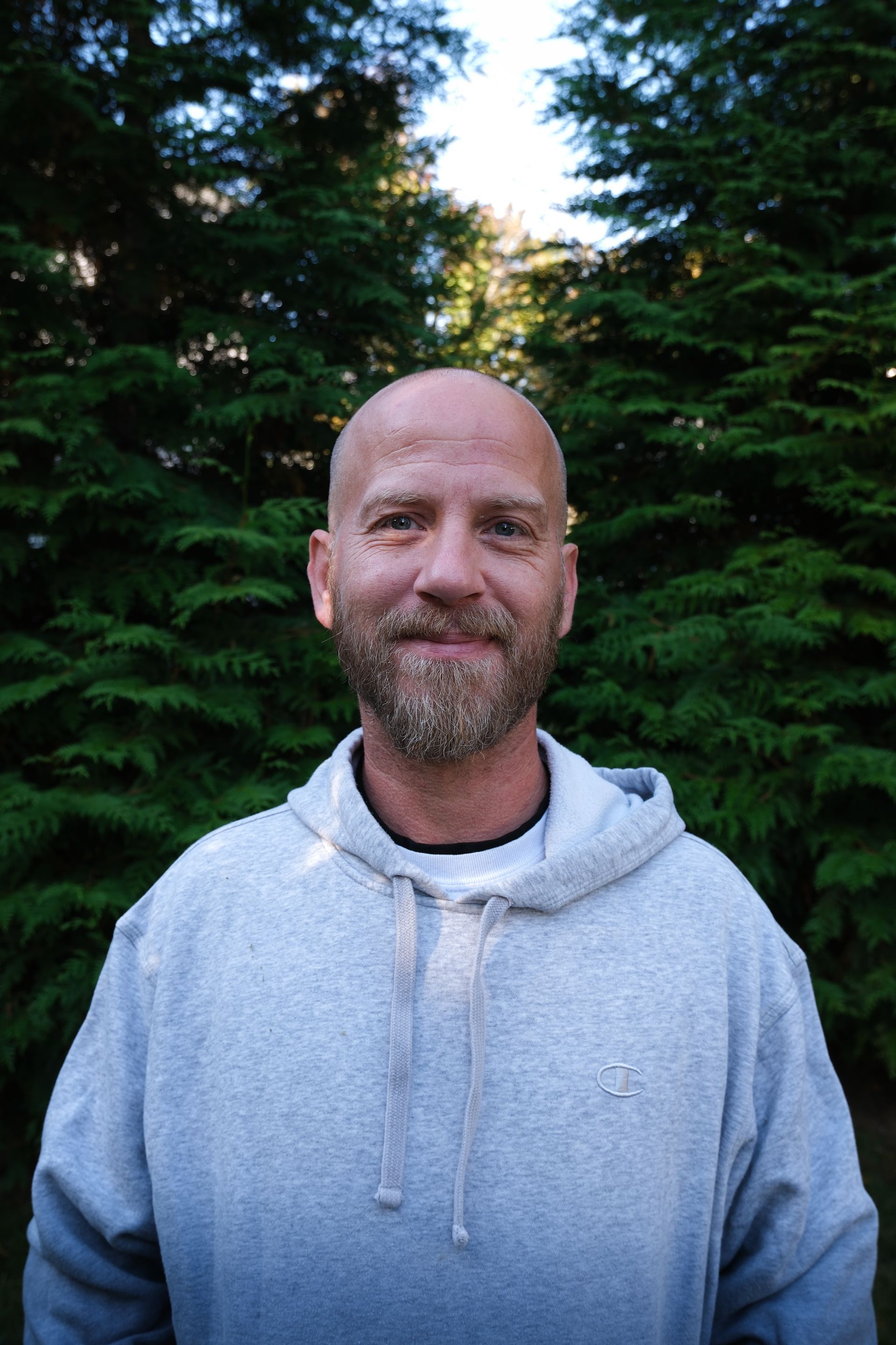 A kitchen counter with a tray of wine glasses and a vase of flowers.