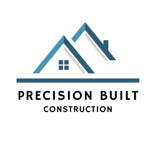 Logo of Precision Built Construction: Blue house roofs and text on a white background.