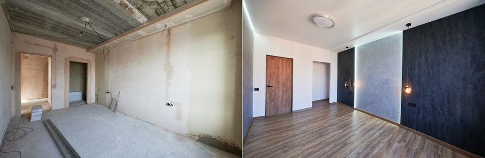 Renovated room: before and after. Bare concrete vs. finished space with wood 