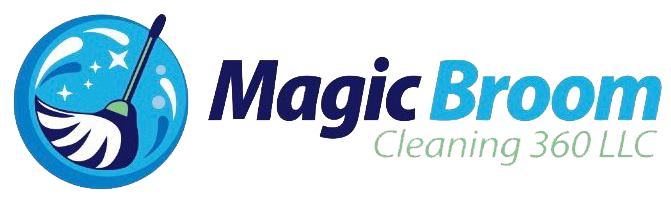 Logo for Magic Broom Cleaning 360 LLC: a blue circular design with a broom, stars, and water splashes, the text "Magic Broom."