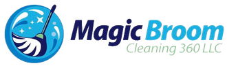 Logo for Magic Broom Cleaning 360 LLC: a blue circular design with a broom, stars, and water splashes, the text "Magic Broom."