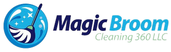 Logo for Magic Broom Cleaning 360 LLC: a blue circular design with a broom, stars, and water splashes, the text "Magic Broom."