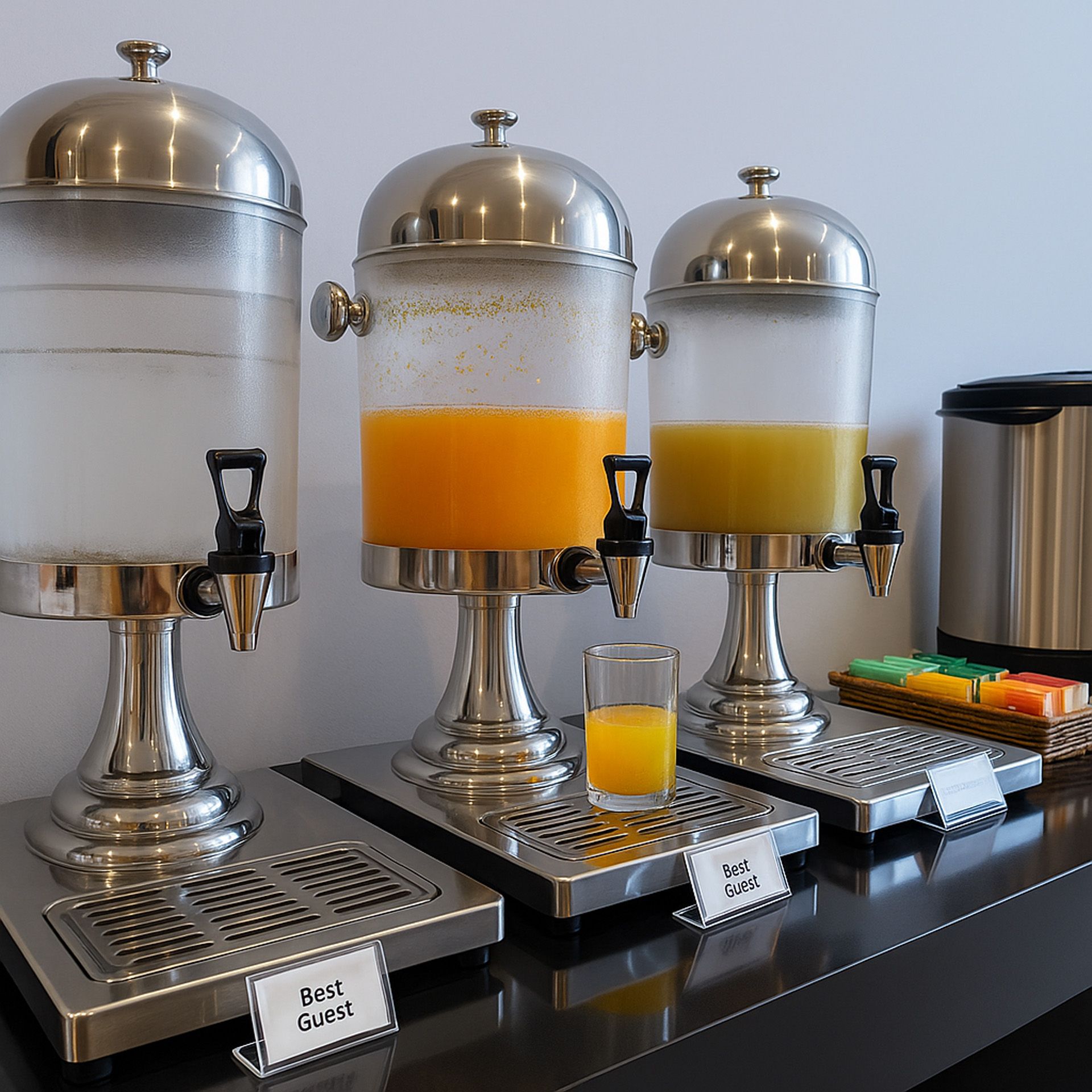 Estação de bebidas: três dispensadores de bebidas com água e suco, e um copo de suco.