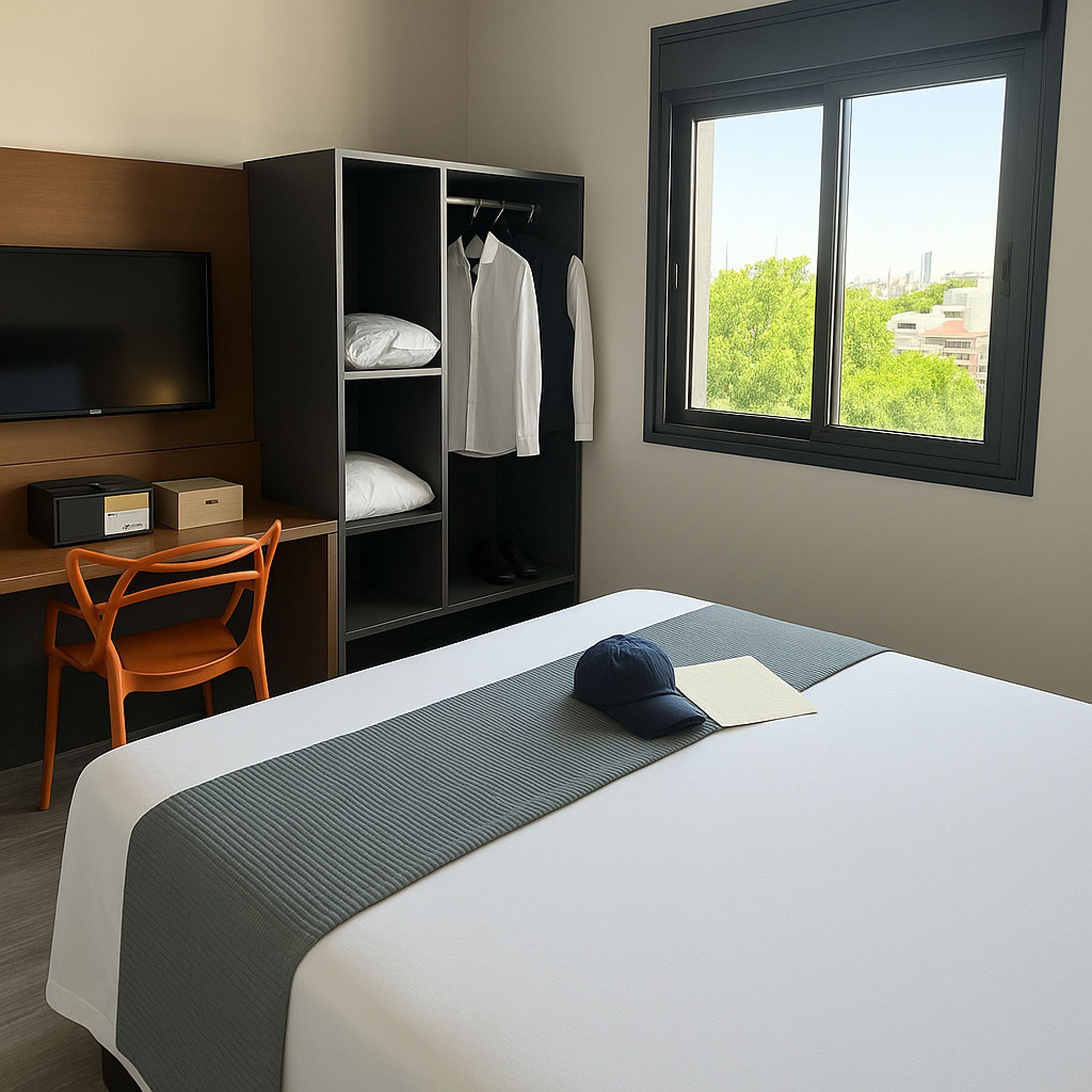 Quarto de hotel com cama, guarda-roupa, escrivaninha e janela com vista para as árvores.