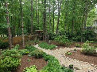 Landscaped backyard with a gravel path