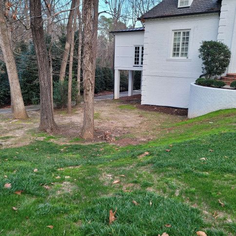 White house with a side yard and trees