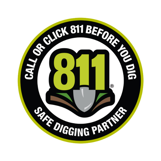 A green and black circular logo with the text "Call or click 811 before you dig" surrounding a shovel graphic.