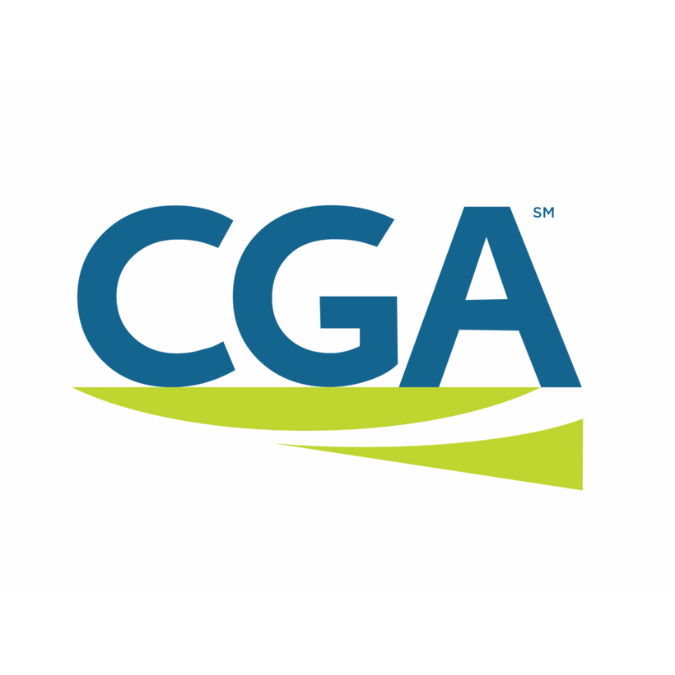The letters "CGA" in bold blue font, underlined by a stylized, sweeping lime-green horizontal curve.