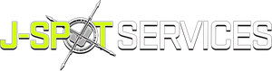 Logo for J-SPOT SERVICES with neon green text and a circular icon featuring crossed tools in the center.