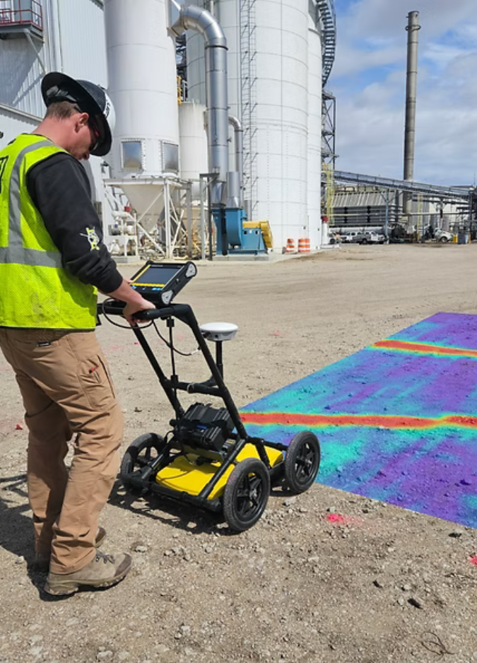 A worker in a high-visibility vest pushes a ground-penetrating radar cart over a colorful, digitally mapped ground area.
