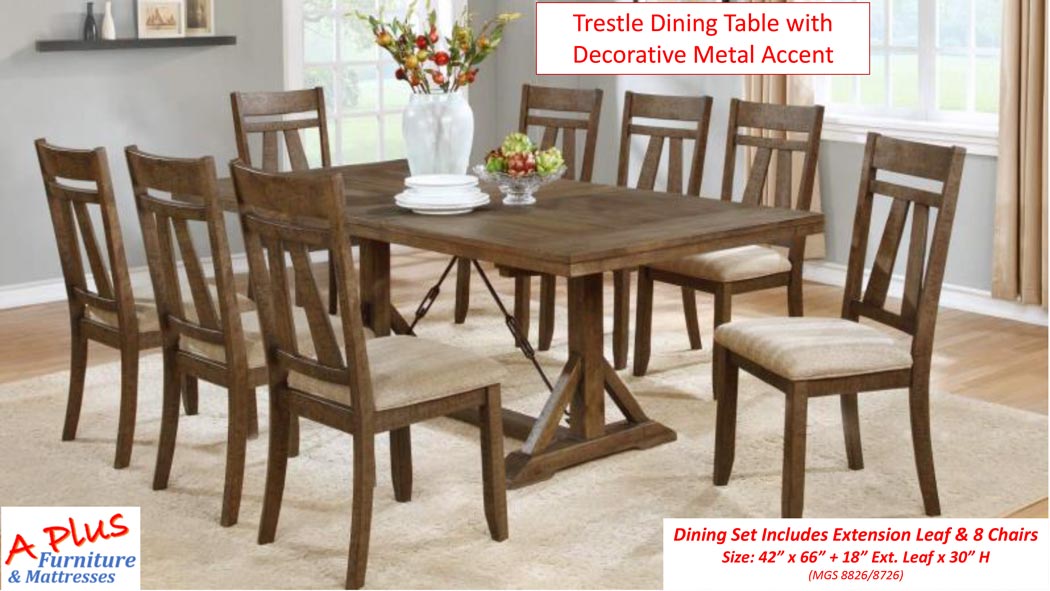 New Dining Room Set — Trestle Dining Table with Decorative Metal Accent in Hemet, CA