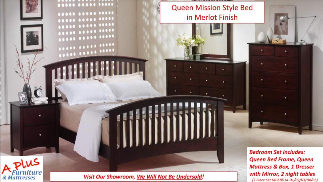 Queen Size Bed — Queen Mission Style Bed in Merlot Finish in Hemet, CA