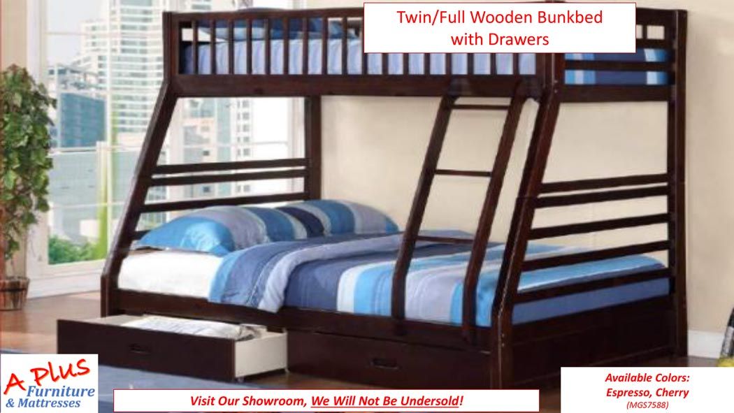 New Double Bed — Twin/Full Wooden Bunkbed with Drawers in Hemet, CA