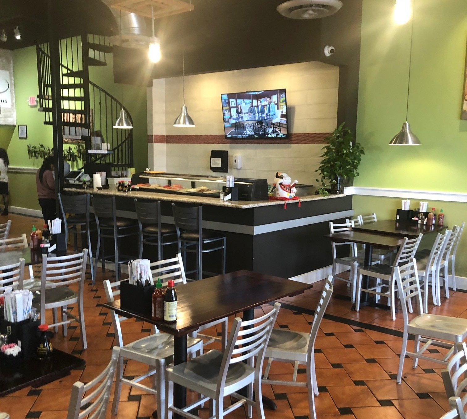 Sushi bar and spiral staircase