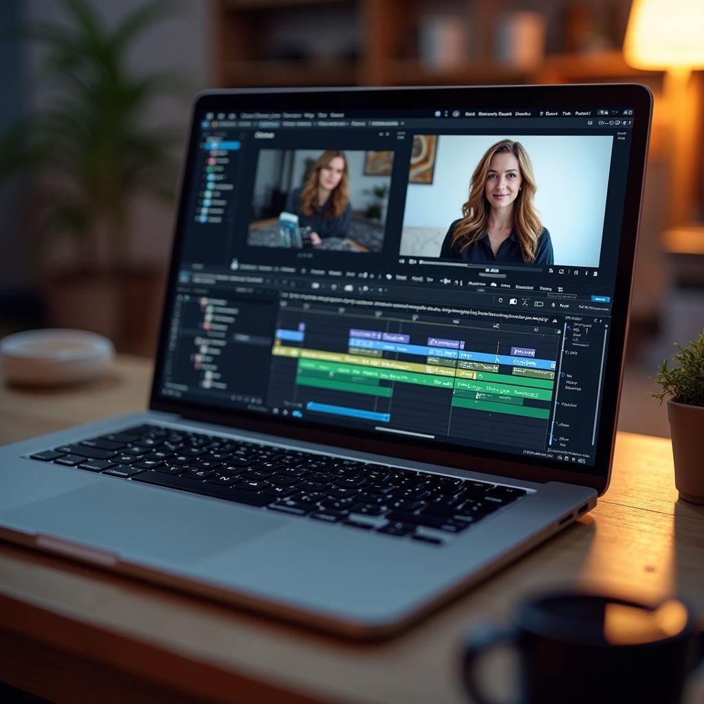Laptop displaying video editing software, showing a woman on screen and video timeline.