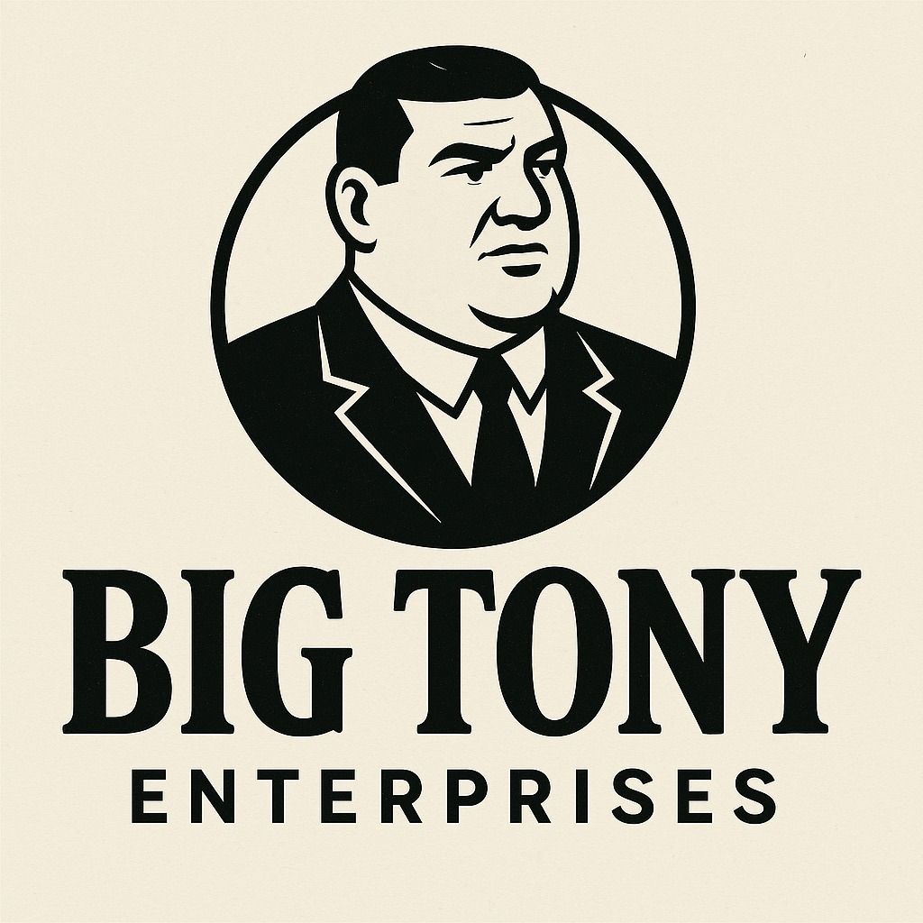 Logo for Big Tony Enterprises: Man in a suit inside a circle, text below reads