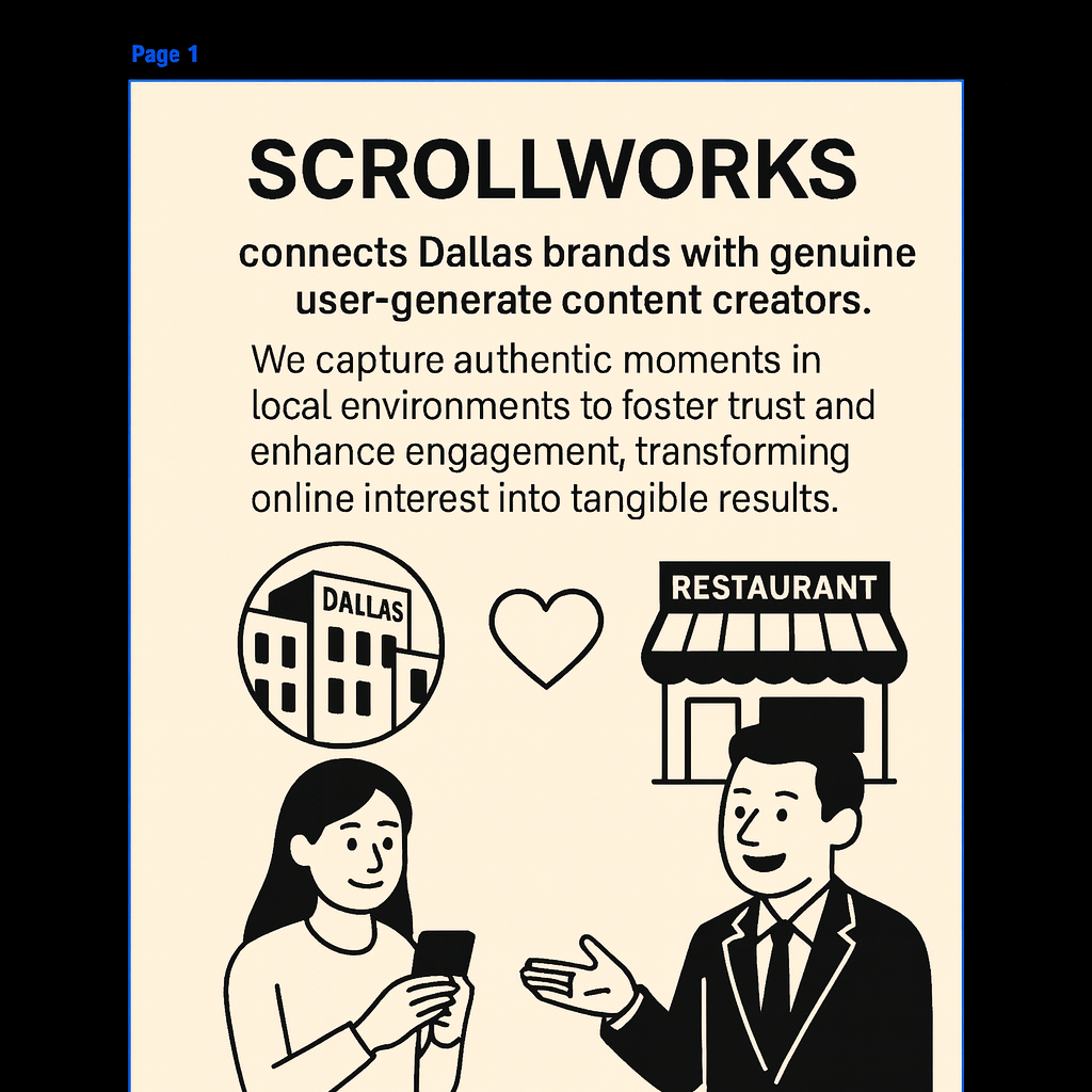 Scrollworks advertisement: connects Dallas brands with creators. Includes Dallas building, heart, restaurant, and people with phone.