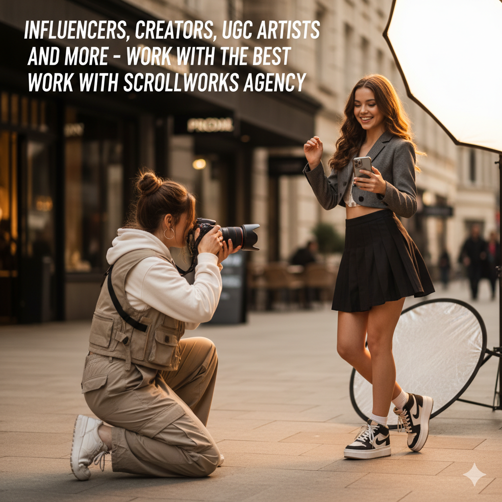 A photographer taking a picture of a model holding a phone. They are outside with light equipment. Text: Work with Scrollworks Agency.