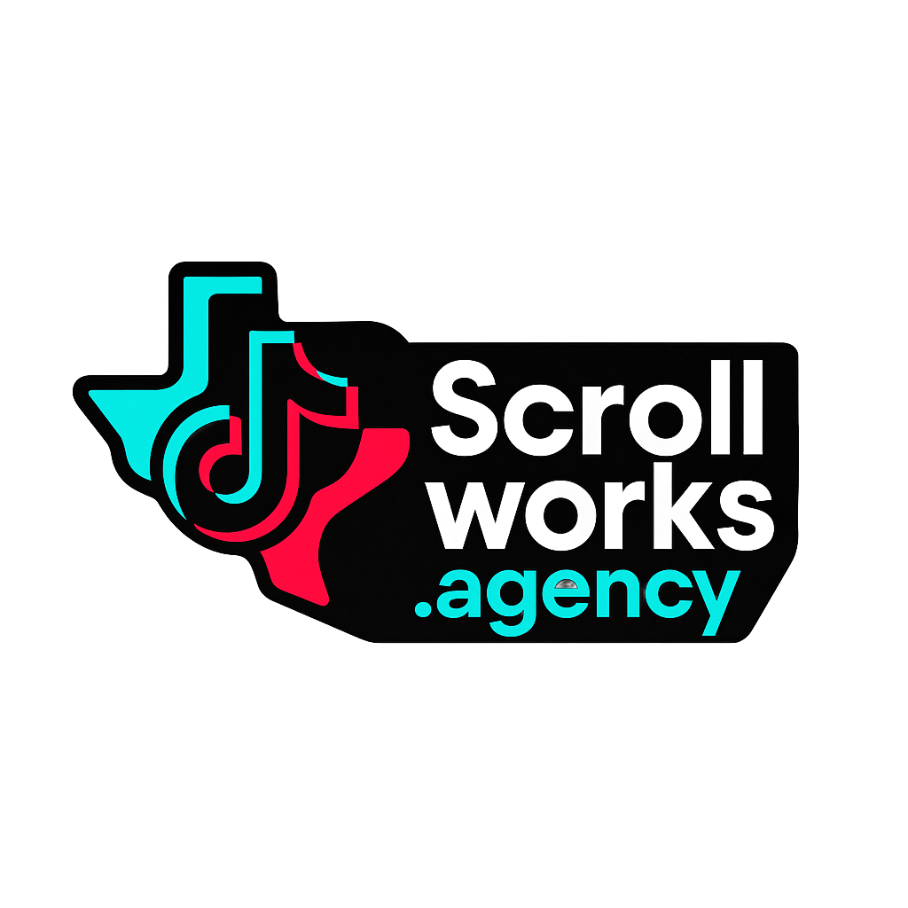 Scroll Works Agency logo: Texas outline with TikTok symbol and company name in white text.