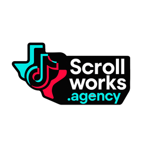 Scroll Works Agency logo: Texas outline with TikTok symbol and company name in white text.
