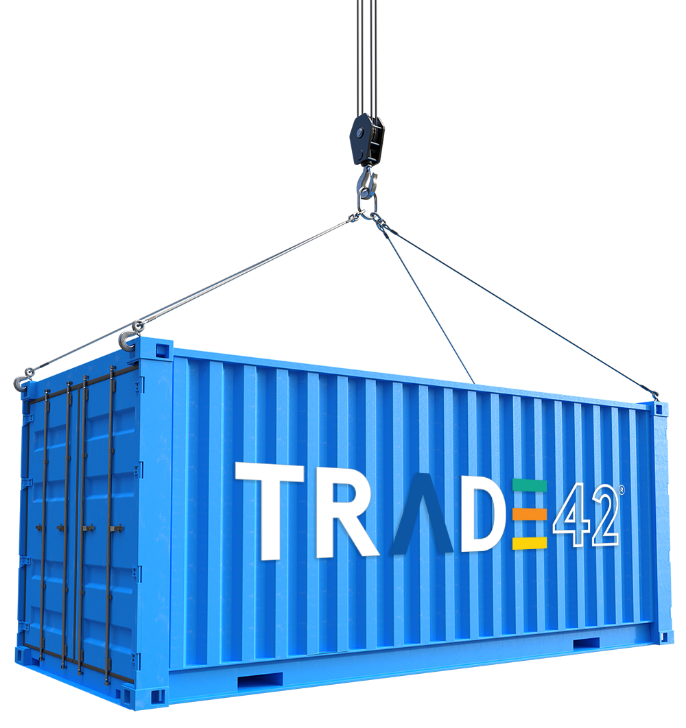 A blue shipping container with the word trade 42 on it
